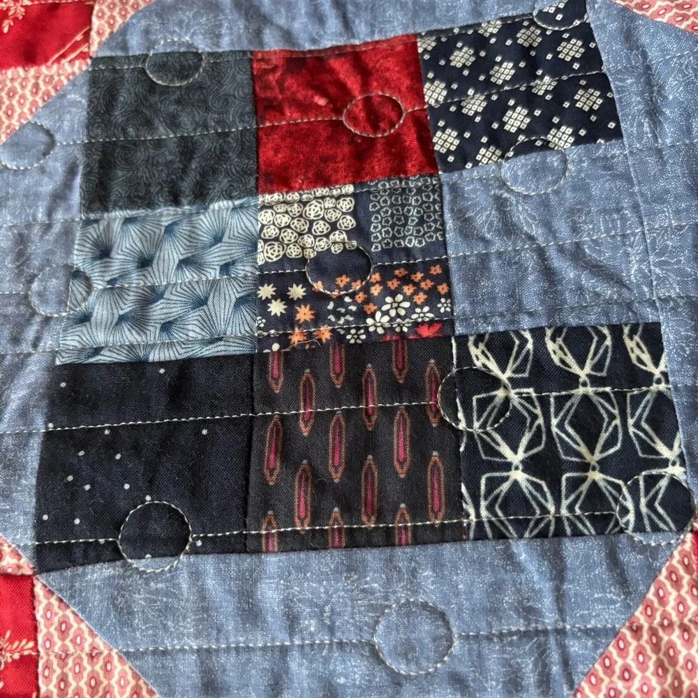 Handmade Quilted Patchwork Throw W/ Cardinals In the Woods Trees Navy Red 52x44”